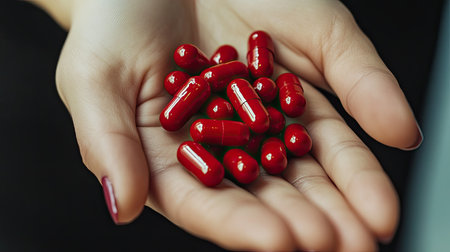 A close-up view of a hand holding vibrant red capsules, symbolizing health, wellness, and pharmaceutical care. Ideal for medical and lifestyle visuals.の素材
