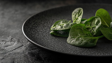 This image features fresh spinach leaves elegantly arranged on a dark plate. The deep green color and rich texture highlight healthy eating and culinary creativity.の素材