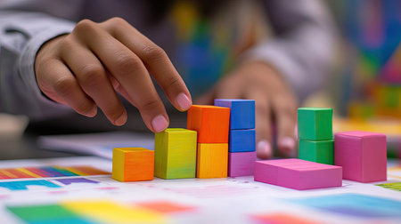 A close-up view of a hand placing colorful building blocks on a business chart, symbolizing data analysis and creative strategy development in a professional setting.の素材
