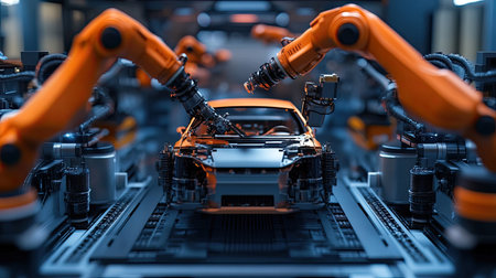 Discover a vibrant assembly line showcasing advanced robotics in automotive manufacturing. The scene captures precision engineering and innovation in action, emphasizing efficiency and technology.の素材