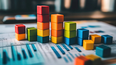 A vibrant arrangement of colorful wooden blocks creates an engaging data visualization on a work desk, symbolizing business analysis and progress.の素材
