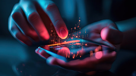 A close-up view of a hand interacting with a smartphone, showcasing vibrant data visualizations and glowing effects, representing modern technology and innovation.の素材