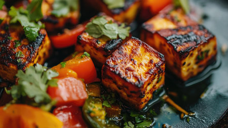 Grilled tofu cubes paired with a medley of roasted vegetables create a vibrant and healthy dish. Perfect for plant-based meals and flavorful dining experiences.の素材