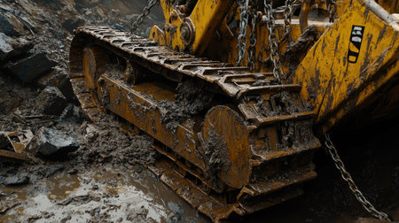 A close-up view of a heavy machinery track immersed in mud at a construction site, showcasing dirt, grime, and rugged surfaces in an industrial setting.の素材