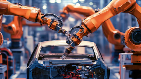 Advanced robotic arms work together in a modern factory, assembling automotive parts with precision and efficiency, showcasing the future of manufacturing technology.の素材
