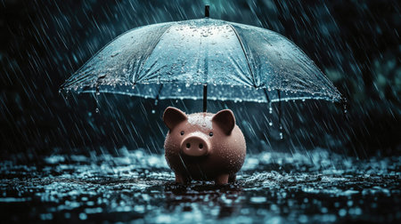 A piggy bank sheltered under an umbrella stands in the rain, symbolizing savings and protection. The scene captures a moody atmosphere with falling drops and reflections.の素材
