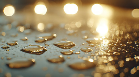 This close-up image captures water droplets on a surface, showcasing their reflections against a beautiful bokeh light background. The warm glow adds elegance and depth.の素材
