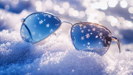 A pair of stylish sunglasses rests amidst soft snow, reflecting intricate snowflakes. The bright winter backdrop enhances the cool atmosphere, making it a captivating winter accessory scene.の素材