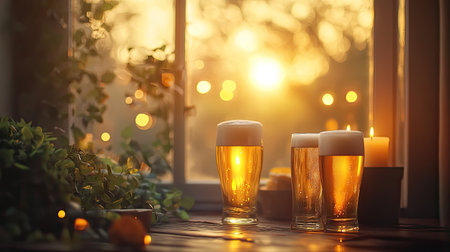 A serene scene featuring three glasses of beer by a window at sunset. The warm glow creates a cozy ambiance perfect for evening relaxation.の素材