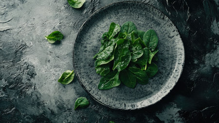 A vibrant display of fresh spinach leaves on a dark textured plate captures the essence of healthy eating and culinary delight. Perfect for food photography.の素材