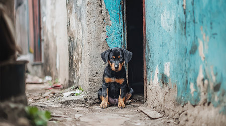 A lonely stray dog sits by a weathered doorway in an urban setting, showing a poignant expression. The image captures the essence of animal welfare and city life.の素材