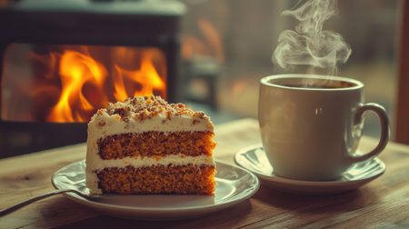 A warm cup of coffee sits beside a slice of cake topped with cream, radiating comfort. The flickering flames in the background enhance the cozy atmosphere, perfect for a relaxing afternoon.の素材