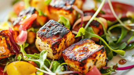 Savory grilled tofu cubes rest atop a vibrant salad filled with fresh vegetables, showcasing a delightful blend of colors and textures for a healthy meal.の素材