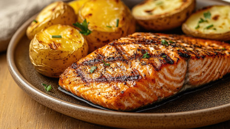 A mouthwatering grilled salmon fillet served with crispy baked potatoes and fresh herbs. Perfect for a healthy dinner or special occasion.の素材