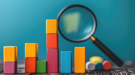 Explore the concept of data analysis with colorful wooden blocks stacked as a bar chart. A magnifying glass emphasizes the focus on growth and learning in various contexts.の素材