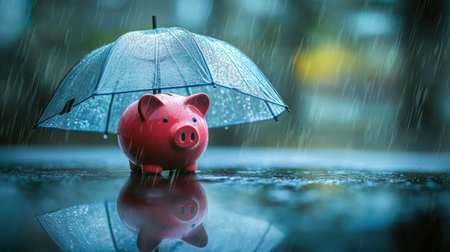 A vibrant piggy bank stands under an umbrella during rainfall, symbolizing financial security. The scene captures themes of protection and savings in a playful manner.の素材