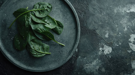 A close-up image showcasing fresh spinach leaves arranged on a dark round plate against a textured background, emphasizing the beauty of healthy eating and simplicity.の素材
