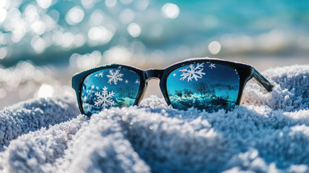 A pair of sunglasses rests on a cozy beach towel, with snowflakes reflecting in the lenses, creating a unique blend of summer and winter themes.の素材