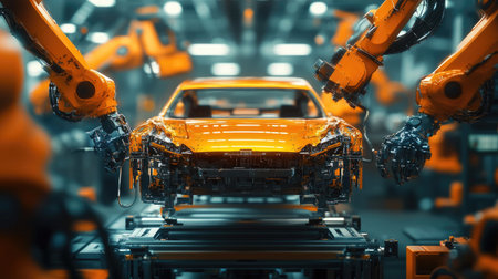 This vibrant image showcases robotic arms assembling an orange car in a modern factory setting, highlighting advanced technology and automation in the automotive industry.の素材