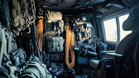 Explore the intricate interior of a military vehicle, showcasing organized tactical gear, equipment, and cables essential for defense operations and missions.の素材