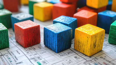 A close-up view of colorful wooden blocks arranged on a table with abstract geometric patterns. Ideal for educational and creative themes, this image showcases vibrant colors and textures.の素材