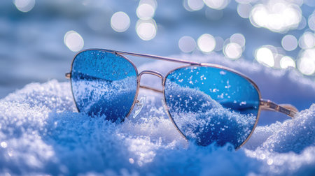 A pair of stylish sunglasses rests on a sandy beach, surrounded by ocean waves and shimmering bokeh. Ideal for summer themed projects or beach vacations.の素材