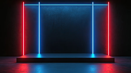 A striking modern showcase featuring blue and red neon lights illuminating a dark, textured background. Ideal for creative projects and exhibitions.の素材