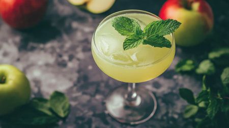 A refreshing minty apple cocktail served in an elegant glass filled with ice. Perfect for gatherings, this vibrant drink combines fresh flavors and stylish presentation.の素材