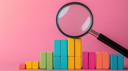 Brightly colored building blocks arranged next to a magnifying glass, creating a playful and educational visual that inspires creativity and learning in children.の素材