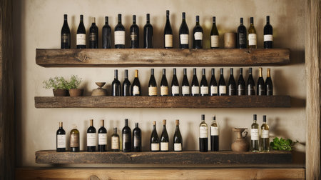 A beautifully arranged collection of wine bottles on rustic wooden shelves, showcasing various labels and designs in a cozy, inviting setting. Perfect for wine enthusiasts.の素材