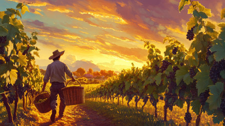 A vineyard worker carries baskets filled with grapes through lush green vines at sunset. The scene captures the essence of rural life and the beauty of agriculture.の素材