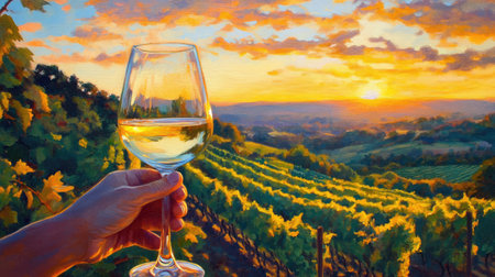 A picturesque scene featuring a hand holding a wine glass, set against a stunning vineyard at sunset. The warm colors capture the essence of leisure and celebration.の素材