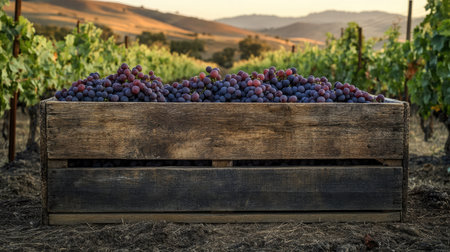 A rustic wooden crate brimming with fresh grapes is set in a picturesque vineyard during sunset. This image captures the essence of harvest season and agricultural beauty.の素材