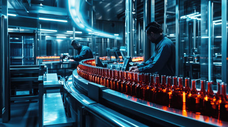 A modern beverage production facility showcases workers operating a sophisticated bottling line. In a sleek environment, technology meets craftsmanship in operations.の素材