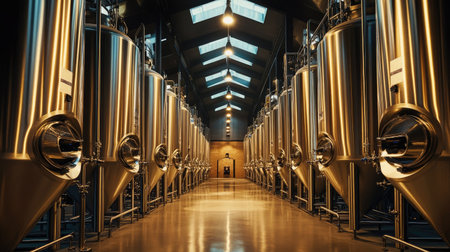 A spacious and modern brewery interior featuring stainless steel fermenters lined neatly. The warm lighting enhances the industrial atmosphere, perfect for showcasing beverage production.の素材