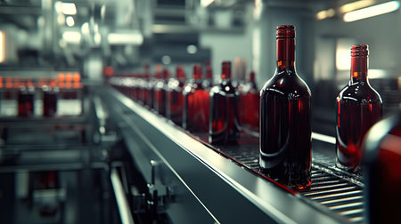 A close-up view of a modern beverage factory showcasing red glass bottles moving along a conveyor. The image captures the essence of automated production and efficiency in beverage bottling.の素材