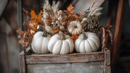 Discover the beauty of autumn with this still life featuring white pumpkins and dried flowers in a rustic wooden box, perfect for seasonal decor.の素材
