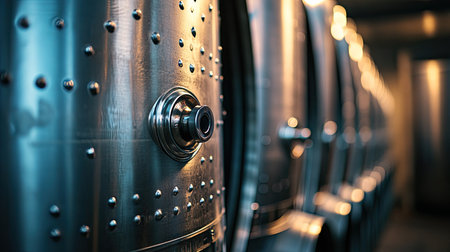 This captivating image showcases metallic wine tanks in a modern winery. The sleek design and industrial aesthetic highlight the winemaking process, reflecting craftsmanship and quality.の素材