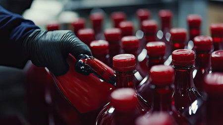 A focused worker holds a red container while inspecting rows of bottles filled with liquid in a factory setting, highlighting production processes and attention to detail.の素材