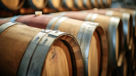A close-up view of wooden barrels stacked in a winery storage area, showcasing traditional aging methods. The barrels hold wine, highlighting rustic craftsmanship and the timeless process of fermentation.の素材