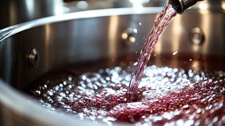A vivid close-up of red liquid pouring into a shiny metal container, capturing rich colors and dynamic textures, perfect for food or beverage themes.の素材