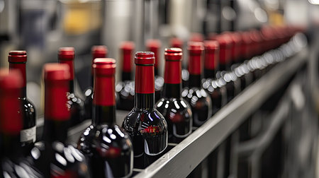 A detailed view of the bottling process at a winery, showcasing rows of red wine bottles with distinctive red caps on a production line, emphasizing quality and craftsmanship.の素材