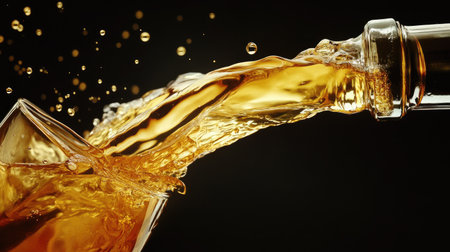 A dynamic image showcasing a golden liquid being poured from a bottle into a glass, creating a captivating splash. Perfect for themes of refreshment and celebration.の素材