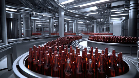 An advanced beverage bottling factory showcasing a modern setup with red glass bottles on a streamlined conveyor belt, highlighting efficiency and automation in beverage production.の素材