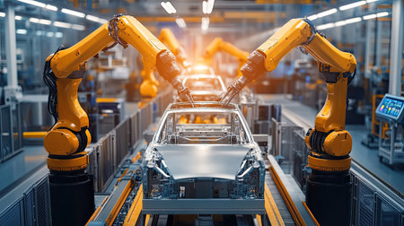 Discover the advanced technology of robotic arms working in a modern car manufacturing facility, showcasing automation, precision, and efficiency on the assembly line.の素材