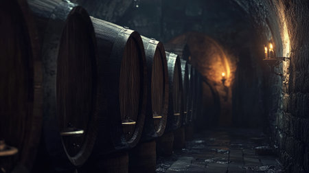 Discover a moody wine cellar featuring wooden barrels, flickering candlelight, and rich shadows, creating an ambiance of history and tradition perfect for beverage enthusiasts.の素材