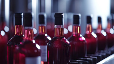 A close-up view of red wine bottles on a production line, showcasing their rich color and elegant design in a modern industrial setting.の素材