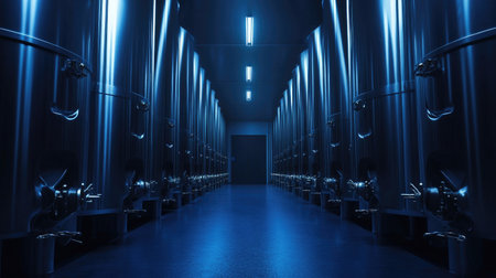 A sleek industrial storage room featuring numerous metal tanks illuminated by blue lighting. The modern design highlights the clean lines and innovative technology.の素材