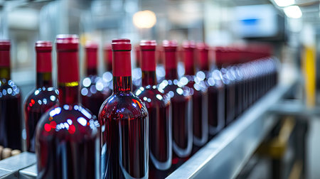 A detailed view of red wine bottles neatly arranged on a production line, showcasing the bottling process in a modern winery environment. Perfect for industry-related themes.の素材