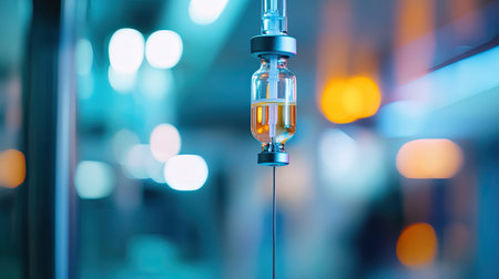 Detailed close-up of a glass vial containing clear liquid suspended from a syringe. It represents medical treatment and healthcare practices in clinical settings.の素材